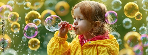 Happy little girl playing with soap bubbles on a sunny summer day in park.