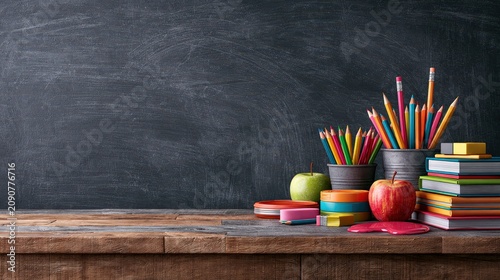 School desk with stationery, books and apples against blank blackboard. Back to school.