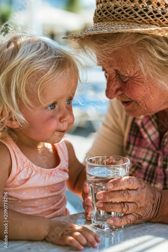 Caring grandmother giving a glass of fresh water to her cute little granddaughter.
