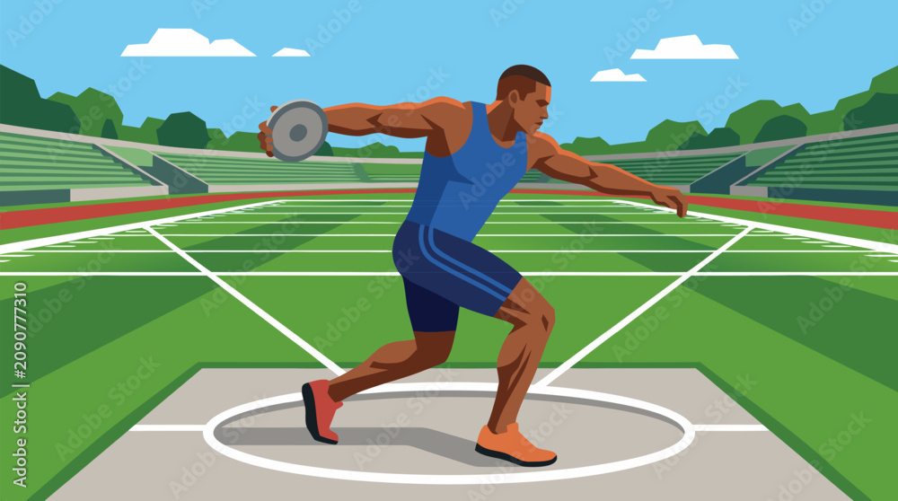 Obraz premium Powerful discus thrower vector illustration of athlete spinning in stadium circle, ready to release disc across track and field arena, dynamic sports competition concept for fitness and athletics