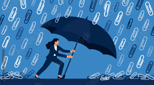 Determined businesswoman planting a large umbrella against a downpour of paperclips, flat vector metaphor for office pressure, risk management, resilience, protection and career challenges