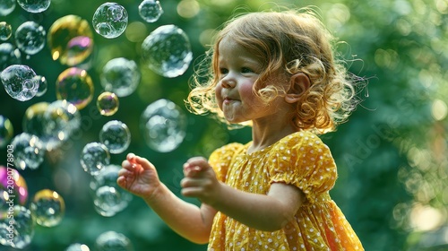 Happy little girl playing with soap bubbles on a sunny summer day in park.
