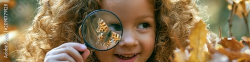 Curious little boy looking at butterfly through magnifying glass in sunny spring garden.