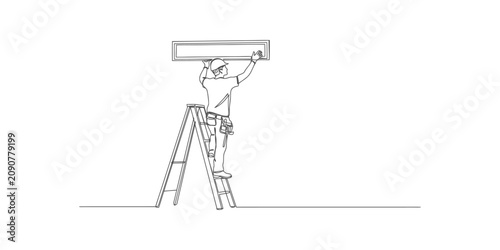Single continuous line drawing of a handyman standing on a ladder installing a rectangular frame on the wall for home renovation and construction maintenance work