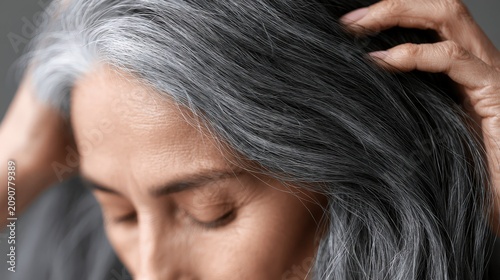 Woman showing gray hair roots while touching her head close up. Aging and hair care.