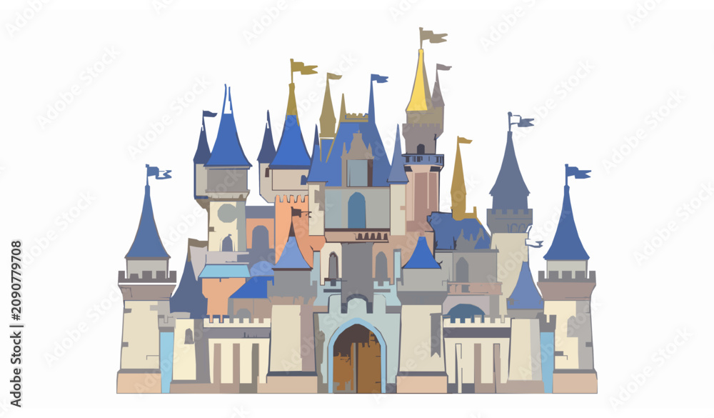 Fototapeta premium Whimsical Fairy Tale Castle Vector Illustration with Blue Towers and Golden Spires Isolated on White Background