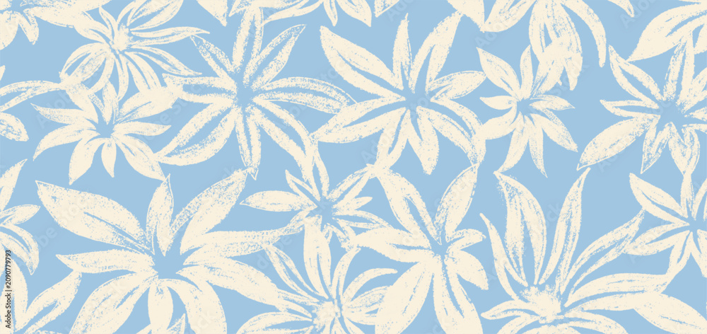 Fototapeta premium Artistic seamless pattern floral chalk texture. White decorative botanical with silhouette shapes of leaves, flowers. Grunge artisanal allover print, vector for fabric, textile, paper, package.