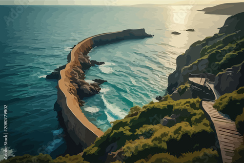 Wooden stairway path leading to panoramic ocean coastal view.