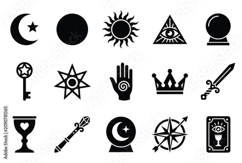 Tableau sur toile Set of esoteric and occult symbols, mystical icons including sun, moon, eye of p
