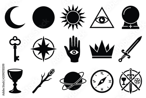 Fotografie Set of esoteric and occult symbols, mystical icons, magic signs, alchemy, astrol