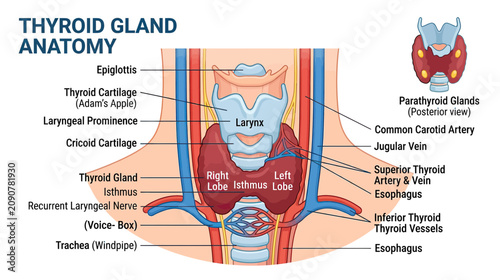 Photos Thyroid Gland Anatomy Diagram: Larynx, Trachea, Veins, Arteries, Esophagus