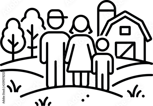 Bild auf Leinwand Family farm line icon with farmer couple and child standing on rural landscape w