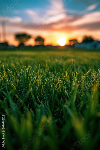 Beautiful green lawn close up at sunset, vibrant grass field banner, landscape.