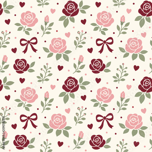 Fotografía Rose and Heart Pattern: A charming seamless pattern featuring delicate roses, small hearts, and tiny bows on a light background, creating a romantic and sweet aesthetic