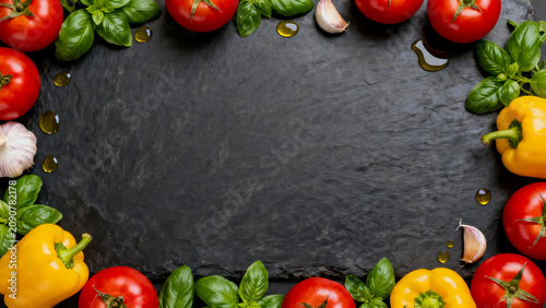 Raw Cooking Ingredients Frame on Slate Board for Web Header