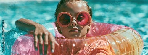 Cute little girl in sunglasses floating on colorful inflatable ring in swimming pool.