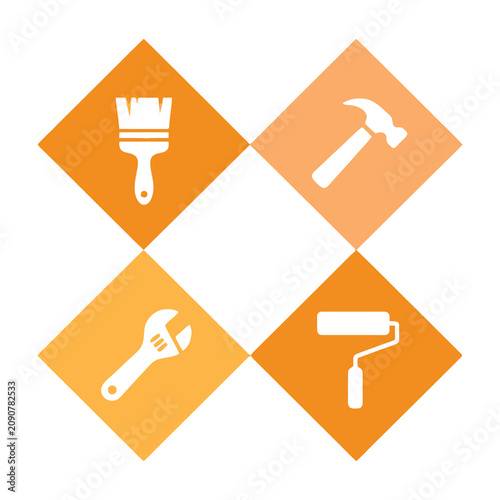 Tools icons set with hammer wrench paintbrush roller