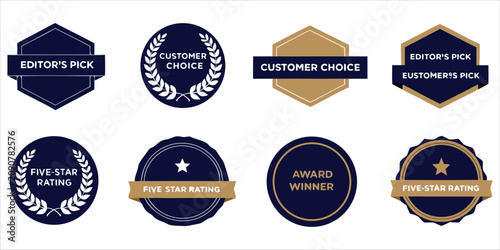 Premium Award Badge Collection with Editors Pick and Customer Choice Seals.Five Star Rating and Award Winner Badges Vector Bundle.Professional Recognition Labels and Quality Certification Emblems Set.