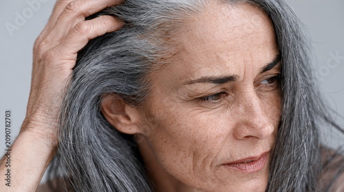 Woman showing gray hair roots while touching her head close up. Aging and hair care.