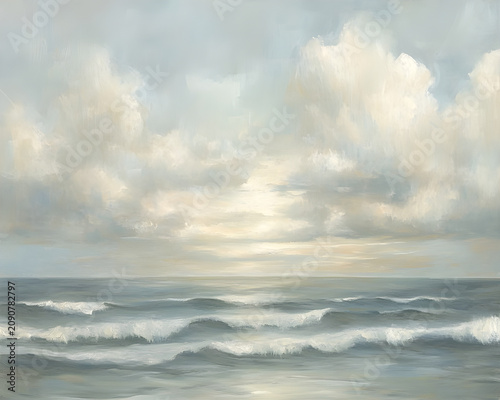 Peaceful Ocean Shoreline Landscape with Golden Light and Impressionist Style