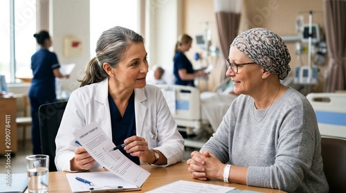A doctor and patient discuss treatment options in a hospital room setting