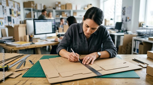 A woman works on a cardboard design project in a modern office space