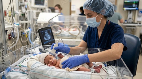 A medical professional tends to a newborn baby in a hospital setting