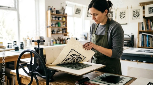 A woman in an art studio working on a printmaking project with care