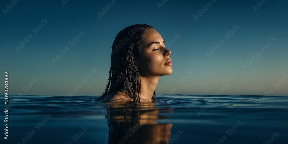 Obraz premium Portrait young woman with long wet hair posing, bathing gracefully inside calm blue ocean water and sky during a peaceful sunset while keeping her eyes closed in a serene meditative state
