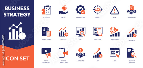 Set of business strategy solid icon. Strategy, target, risk, agreement, expansion, and more.