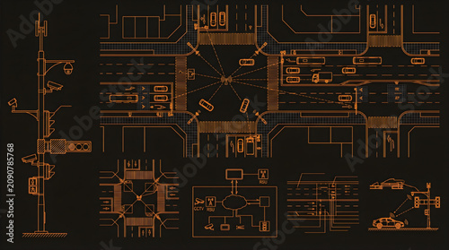 Smart Traffic System CAD Blueprint Top View Road Network Vector Set Detailed AutoCAD Technical Drawing
