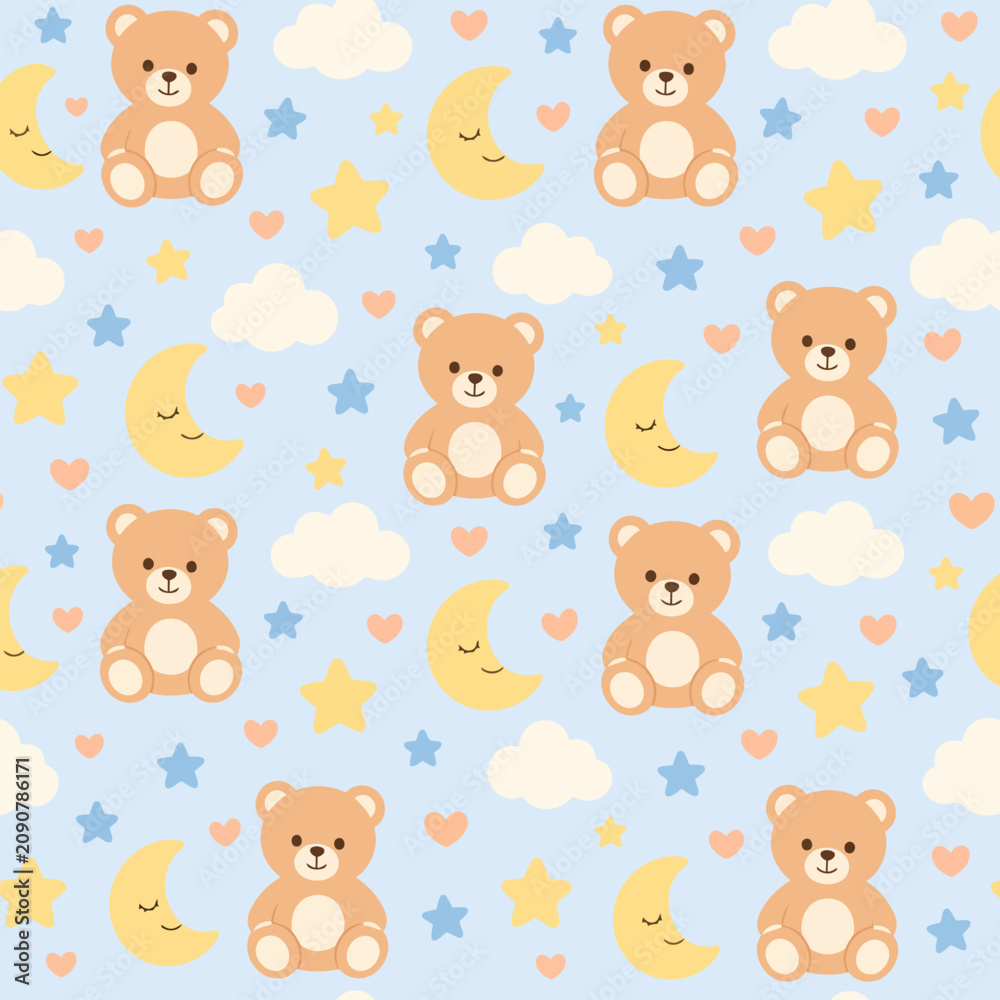 Obraz premium Dreamy Bears and Celestial Friends: A whimsical illustration featuring adorable teddy bears, smiling moons, fluffy clouds, and twinkling stars on a soft blue background.