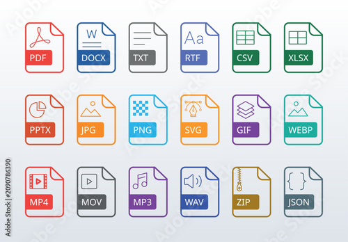 Clean White File Extension Icons with Color Highlights for PDF DOCX XLSX PPTX PNG SVG MP4 and ZIP Formats