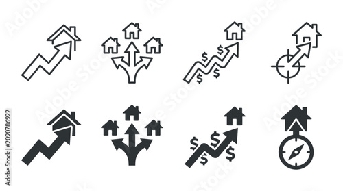 Business growth and strategic path icons with upward arrows and real estate elements business strategy development