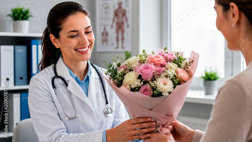 Smiling female doctor giving a bouquet of flowers to a patient in a clinic. Medical professional showing care and support. Healthcare and recovery concept