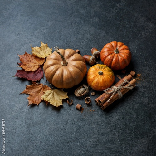 Three pumpkins with autumn leaves acorns and cinnamon sticks on dark textured full hd 4k stock image download background