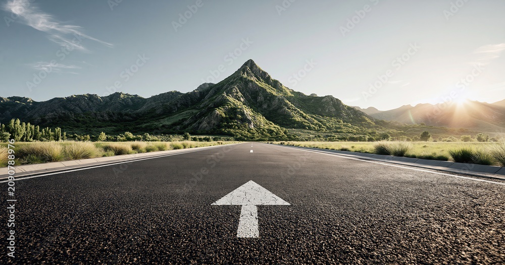 Fototapeta premium Open Road Leading to Majestic Mountain Peak at Sunrise Symbolizing Journey and Success
