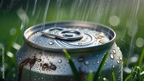 Refreshing soda can in rain on grass