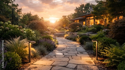 Solar Powered Garden Lights Along Modern Stone Path at Sunset