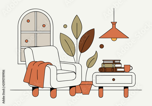 Cozy living room interior with armchair side table books and houseplants flat illustration