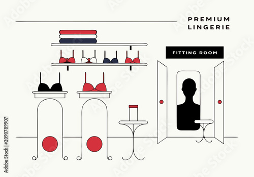 Premium lingerie store interior with fitting room and bra display on bra day flat illustration