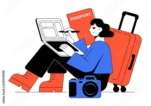 Travel blogger planning trip with laptop passport suitcase and camera on blog day flat illustration