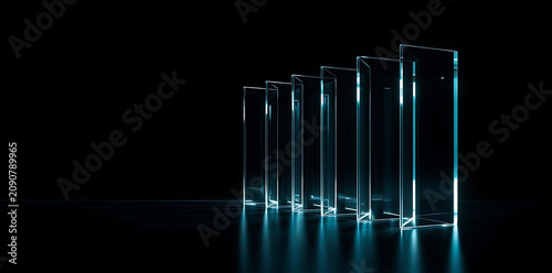 Black dark abstract background. narrow glass rays Vertical glass prism bars with neon blue glow. 3D render. Metallic reflective surface with luminous gradient light reflection. Iridescent glass 
