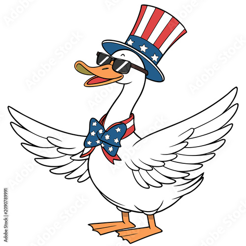 A cartoon goose wearing sunglasses and a bow tie, and a hat with an American flag design.