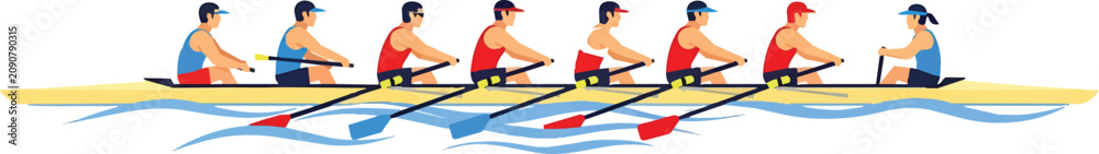 Fototapeta premium Rowing team in a boat, watercolor splash, sport concept.