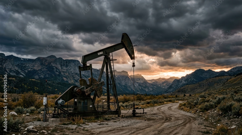 Naklejka premium Dramatic Oil Pumpjack Under Stormy Skies in Arid Landscape.