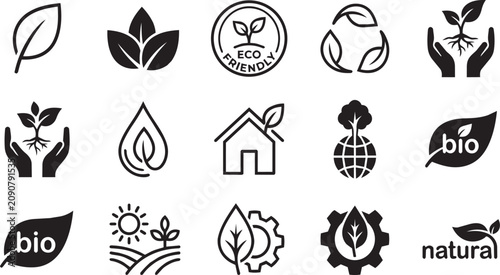 Collection of fifteen black eco friendly nature and environmental vector graphic icons displayed in a simple grid on transparent background