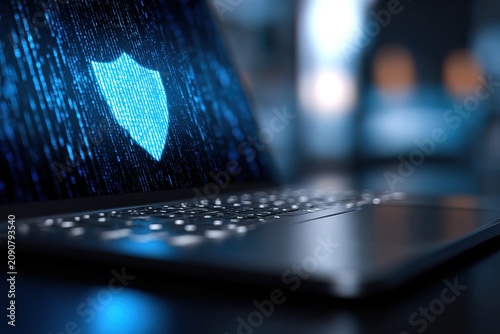 A laptop sits on a desk showing a security icon on the screen. Digital elements surround the icon, suggesting a focus on protection. The room has a tech atmosphere with soft lighting