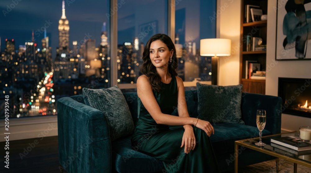 Fototapeta premium Elegant Woman Relaxing in Luxury Apartment with Cityscape View at Night.