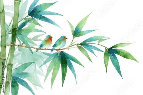 Elegant watercolor clipart of bamboo with perched birds in soft tones on a white isolated background. Perfect for branding, lifestyle design, decorative art, nature inspired concepts